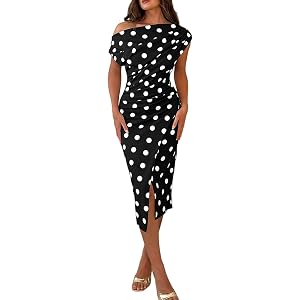 CHICME Womens Off Shoulder Summer Midi Dress | Lightweight Stretchy Fabric, Polka Dot Print, Ruched Slit Bodycon Dress for Go