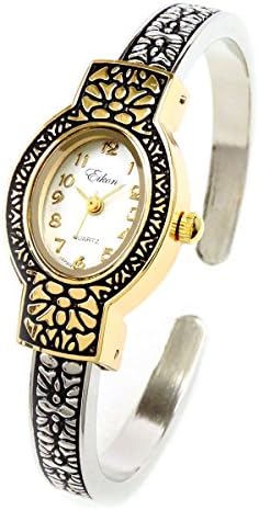 2Tone Metal Western Style Decorated Oval Face Women's Bangle Cuff Watch