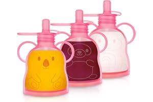 MORLIKE LIVING Morlike Refillable Silicone Baby Food Pouches, Reusable Squeeze Storage containers Bags with Straws for Toddlers Kids, BPA Free & Freezable, 4.5oz (Pink - 3 Pack)