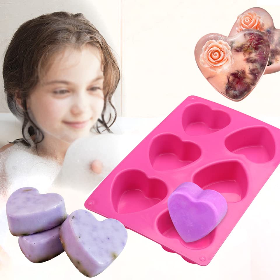 BAKER DEPOT 6 Holes Heart Shaped Silicone Mold For Chocolate Cake Jelly Pudding Handmade Soap Mould Candy Making Set of 2