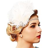 GENBREE 1920s Flapper Headpiece White Feather Headband Rhinestone Hair Accessories for Women and Girls