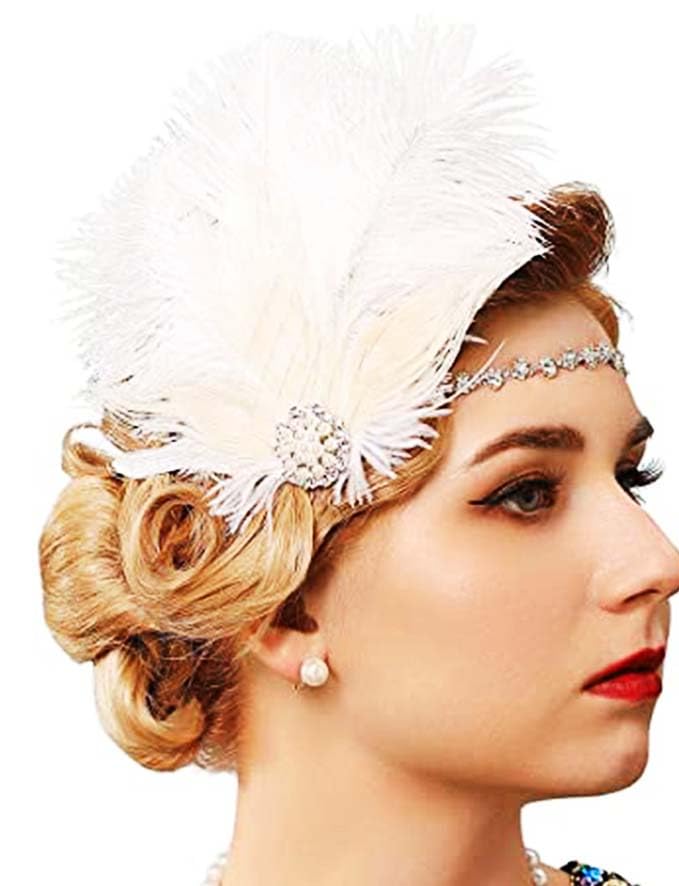 Photo 1 of GENBREE 1920s Flapper Headpiece White Feather Headband Rhinestone Hair Accessories for Women