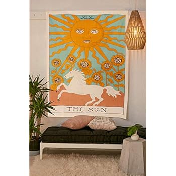 Tarot Flag Tapestry - The Sun - Bohemian Cotton Printed Hand Made Wall Hanging Tapestries with Steel Grommets, Beige