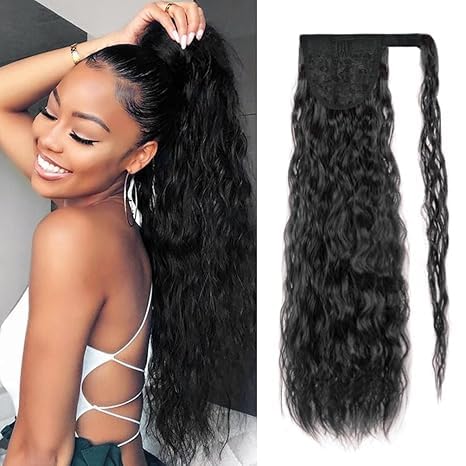 Photo 1 of Human Hair Curly Wave Ponytail Extensions Human Hair Wrap Around Corn Wave Pony Magic Paste Brazilian Human Hair Extensions for Women Natural Black(20 inch)