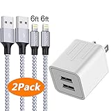 iPhone Charger, YUNSONG Lightning Cable Nylon Braided 6FT 2PACK Durable USB Data Sync Charging Cord with Dual Portfor 4.2Amp Wall Charger iPhone X/8/7/6S/6/Plus/5S/SE/5C/5/iPad Air/mini