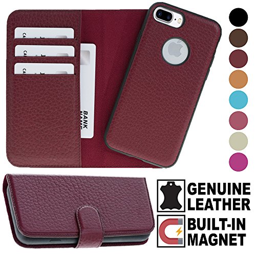 iPhone 8 Plus/iPhone 7 Plus | Magnet Wallet Series | Premium Genuine Leather | Hardyston Detachable Magnetic Wallet Case | 4 Cash ID Credit Card Slot Holders | Luxury Back Cover | (Burgundy)