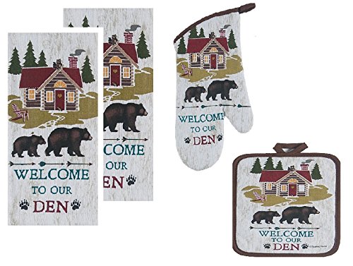 4 Piece Welcome to Our Den Kitchen Linen Set - 2 Terry Towels, Oven Mitt, Potholder