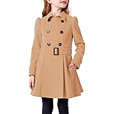 Haloumoning Girls Double Breasted Pea Coat Kids Winter Lapel Belted Wool Blend Coat Outerwear 5-14 Years