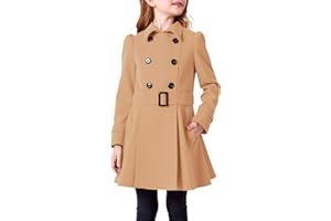 Haloumoning Girls Double Breasted Pea Coat Kids Winter Lapel Belted Wool Blend Coat Outerwear 5-14 Years