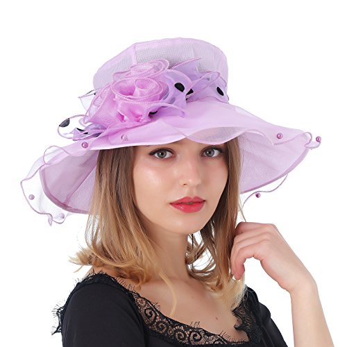 Dantiya Women's Organza Kentucky Derby Wide Brim Flower Tea Party Bridal Dress Church Hat (Purple)