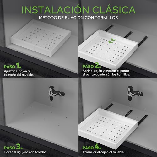 Removable Drawers for Kitchen, Adhesive Telescopic Cupboard Tray, Adjustable Width 32-52 cm, for Home Storage and Organizer, No Drilling, Single Pack White
