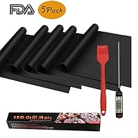 OIOSEN BBQ Grill Mat, Set of 5 Non-stick Grill Mats with Digital Thermometer and Silicone Pastry Basting Grill Barbecue Brush