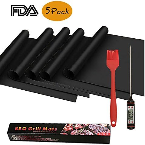 OIOSEN BBQ Grill Mat, Set of 5 Non-stick Grill Mats with Digital Thermometer and Silicone Pastry Basting Grill Barbecue Brush
