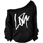 MAGICMK Woman’s Sweatershirt Lips Print Causal Blouse Off The Shoulder Long Sleeve Loose Slouchy Pullover Plus Size Tops