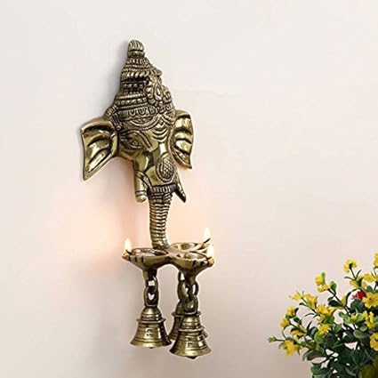 eCraftIndia Ganesh Deepak with Bell Brass Wall Hanging (11 cm x 8 cm x 24 cm, Brown)