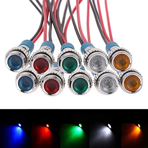 FICBOX 10pcs 6mm 1/4″ LED Metal Indicator Light 12V Waterproof Signal Lamp Pilot Dash Directional Car Truck Boat with Wire