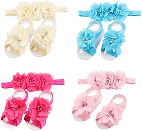 My Little Baby 4 Sets of Baby Girl's HeadBands Hair Bows and Barefoot Flower Feet Accessories (set2)