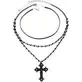 ZDPIQ Gothic Layered Cross Choker Necklace Black beaded Cross Pendant Choker Gothic Punk Emo Grunge Necklaces Christmas Halloween Costume Jewelry Gift for Women