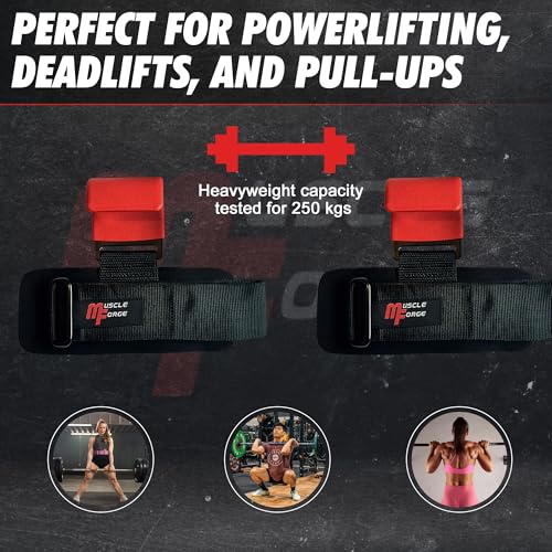 MuscleForge Weight Lifting Hooks for Men & Women, Heavy Duty Steel Grip Hooks with Neoprene Wrist Support, Up to 250kg, for Deadlifts, Pull Ups, Rows & Shrugs, Adjustable Universal Fit