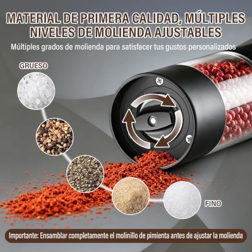 GALASALA Salero y Pimentero Eléctrico de 2 Piezas, Alta Capacidad | Molino de Sal y Pimienta con Grosor Ajustable, Moledor de Pimienta Ideal para Sal Marina, Especias, Cocina y BBQ