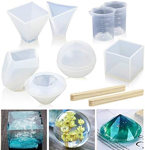 Fangfang 8 Pack Resin Casting Molds DIY Clear Silicone Epoxy Resin Molds Including Spherical, Cubic, Diamond, Pyramid,Triangular Pyramid, Stone Shape Mold, with Measurement Cups& Wood Sticks