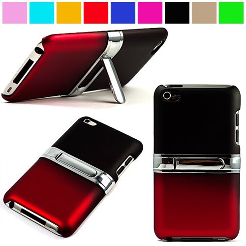 Durable Protective Two Tone Rubberized Crystal Hard Case Cover with Stand Alone Kickstand for Apple iPod Touch 4th Gen (8GB 16GB 32GB), Black with Red