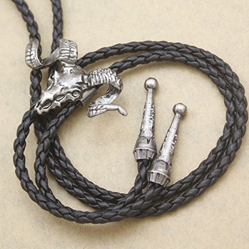 RechicGu Vintage Silver Western Big Horn Sheep RAM Head Goat Skull Leather Rodeo Bolo Bola Tie Necktie