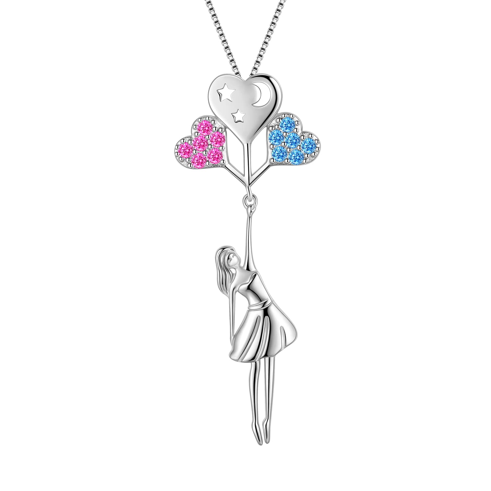 Aurora Tears Heart Balloon Moon Star Pendant Necklace 925 Sterling Silver Teen Girls Pink Blue Crystal Swinging Colorful Balloon Charm Jewelry Gift for Women Christmas DP0320W