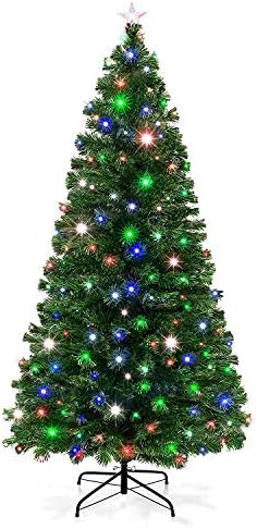 YOUKE Fibre Optic Christmas Tree, Artificial Green Xmas Tree with Metal Stand, Light Snowflakes and Top Star, Multicoloured Christmas Decoration and Gift, with UL-Certified Transformer (170Tips,1.5M)