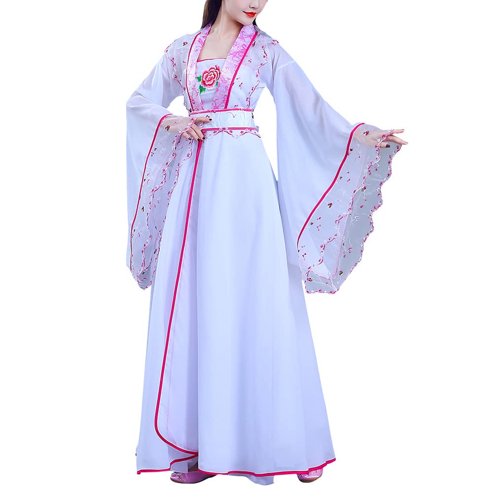 Deluxe Chinese Hanfu Costume Flower Embroidery Wide Sleeve Ancient Traditional Stage Performance Wear Outfit, 42# Pink Lace, M