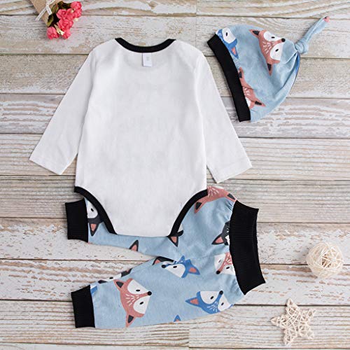 Little Story 0-24M Children's Long-Sleeved Cartoon Alphabet Fox Print Hakama + Animal Print Trousers + hat Set Toddler Kid Blue