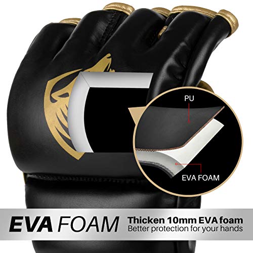 Liberlupus MMA Gloves, UFC Boxing Fight Gloves MMA Mitts with Adjustable Wrist Band for Sanda Sparring Punching Bag Training (Black & Gold, S/M) - Thumbnail 2