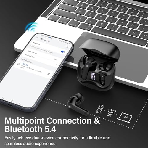 Bluetooth Headphones with Hybrid Active Noise Cancellation, In-Ear Headphones Wireless Bluetooth 5.4, 6Mic, 49 Hours Playback, Powerful Bass, 8 EQ Modes, App Control, Wireless Charging, Multipoint