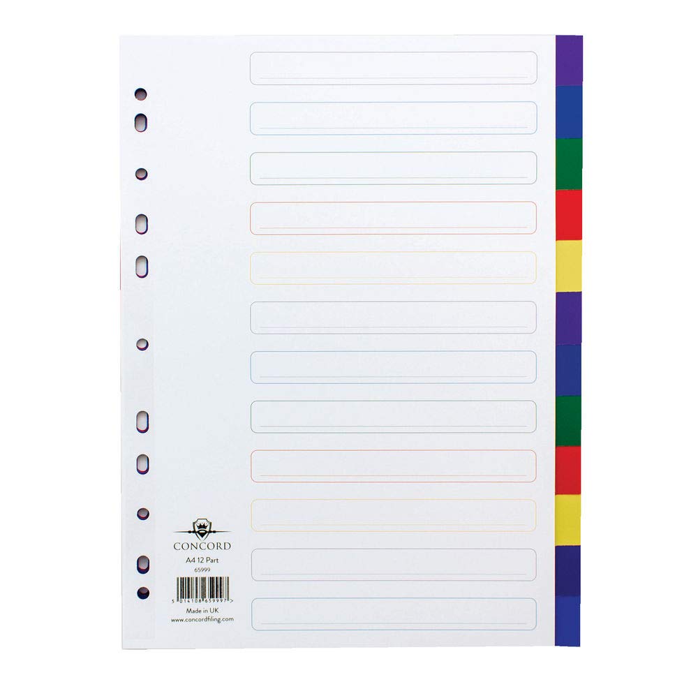 Concord Plastic Subject Dividers Polypropylene 120 Micron Europunched 12-Part A4 Assorted Ref 65999