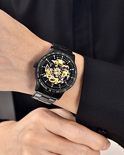 GuTe IK Casual Mens Black Steel Skeleton Automatic Mechanical Wristwatch Golden Dial Tachymeter