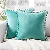 Top Finel Decorative Throw Pillow Covers with Pom Poms Soft Particles Velvet Solid Cushion Covers 18 X 18 for Couch Bedroom Car, Pack of 2, Teal