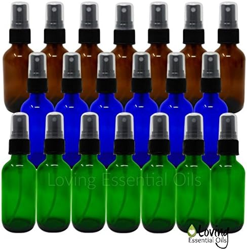 20 Pc Glass Spray Bottles for Essential Oil with Fine Mist Sprayer (Size 2 Oz) by Loving Essential Oils. Colors Included: Cobalt Blue, True Green and Amber Brown - Perfect for Aromatherapy!