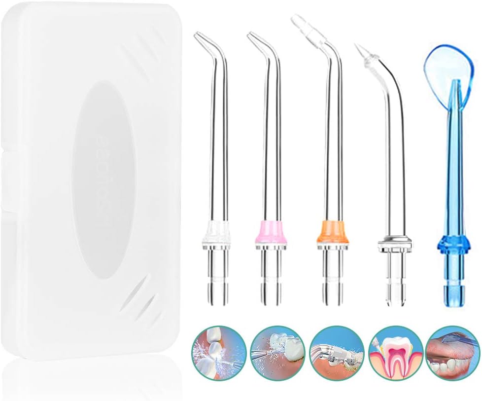 Replacement Professional 5 Dental Water Jet Nozzle Accessories for AUCEE H5 Water Flosser, 2 Jet Tips, 1 Orthodotic Tip, 1 Orthodotic Tip, 1 Periodonatal Tip, 1 Tongue Cleaner Tip