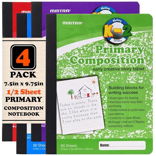 Mintra Primary Composition Notebook, 4 Pack, Assorted Colors 80 Sheets, 7.5in x 9.75in, 1/2 Sheet, Ruled with Drawing Area, Flexible Hardcover Journal, Grades K-2, School & Home Use at Amazon