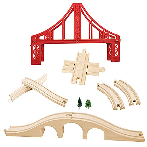 Wooden Train Track Set, OrgMemory Suspension Bridge, Viaduct Bridge, Curved Track Compatible with All Major Brands