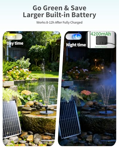 POPOSOAP Solar Pond Pump, 12W Solar Fountain with 4200 mAh Battery Backup, Day and Night Working Mode, Decorative Water Fountain for Garden Pond, Easy to Install