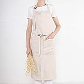 ATLINIA 100% Linen Apron with Buttons Adjustable Bib Apron with Pockets Linen Half Apron Bistro Apron