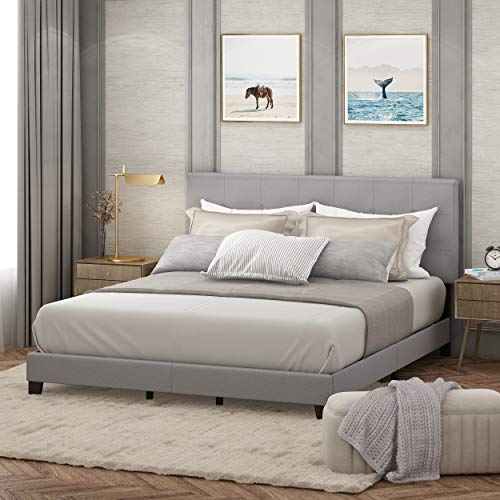 Furinno Laval Bed Frame, King Size Bedframe with Button Tufted Headboard, Uphol…