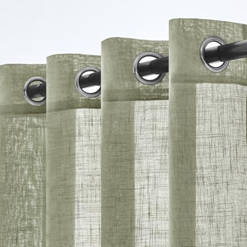 Woaboy Linen Curtains Translucent Net Curtains with Eyelets Modern Decorative for Living Room Window Bedroom 2 Pieces 140 x 245 cm Green Grey