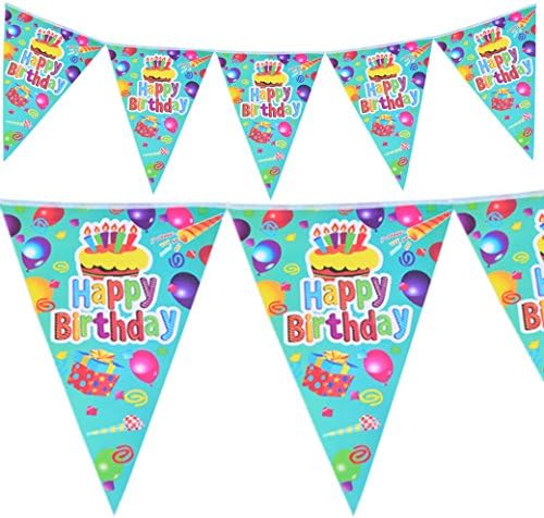 Happy Birthday Party Supplies Banner for Kid's Birthday Party Decoration, Cakes Balloons and Gifts Print Pennant Flag Banner