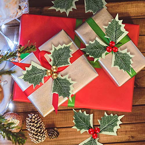 BigOtters Artificial Holly Berries with Green Leaves, 24PCS Gold and Red Holly Berry Flower with Leaves for Christmas Wreath Arrangement Cake Toppers Craft Wedding Party Home Gift Decorations