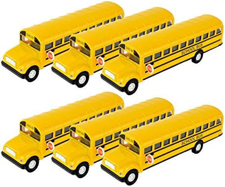 Yellow School Bus - 7" Die Cast Classic Long Nose School Bus, Pull Back Action - Openable Doors and Roll Out Stop Sign - Classic Yellow (Pack 6)