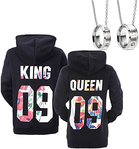 King Queen Matching Couple Hoodie Set Valentine's Day Gift His & Hers Hoodies With Necklace