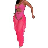OLUOLIN Women Beading Pearl See Through Sheer Mesh 2 Pieces Outfits Jumpsuits Crop Top and Hollow Out Ruffle Long Pants