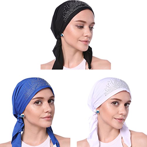 YI HENG MEI Women s Elegant Strench Drill Muslim Turban Hat Chemo Cancer Cap Headscarf,Pack of 3(Black+Sapphire+White)